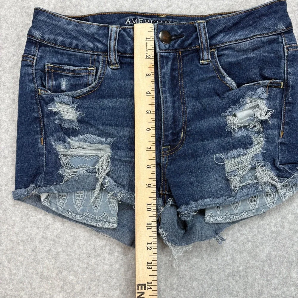 American Eagle Jeans Shorts Womens 8 Blue Dark Wash Super Stretch Distressed - Picture 5 of 8